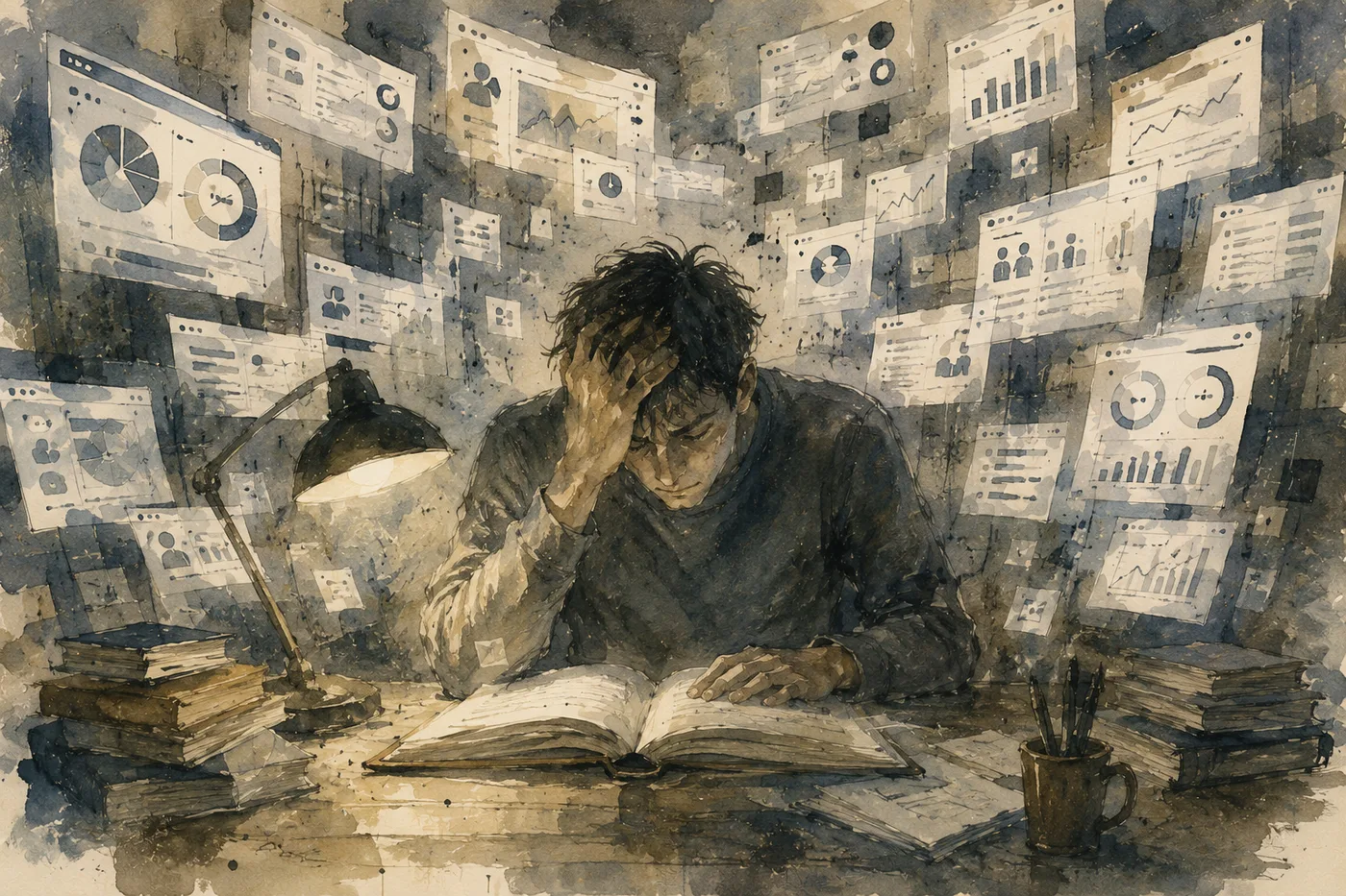 숫자와 그래프에 둘러싸여 머리를 짚은 채 책을 읽는 사람